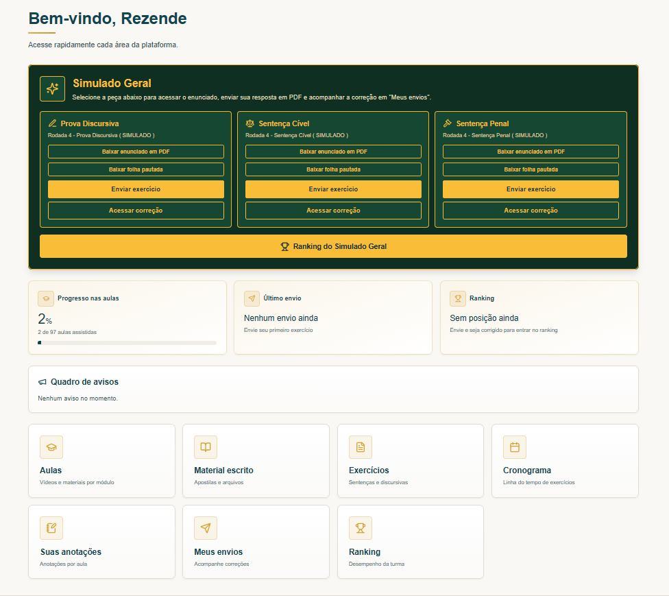 Painel da plataforma InPrática Magistratura — simulado geral, progresso, ranking e materiais.